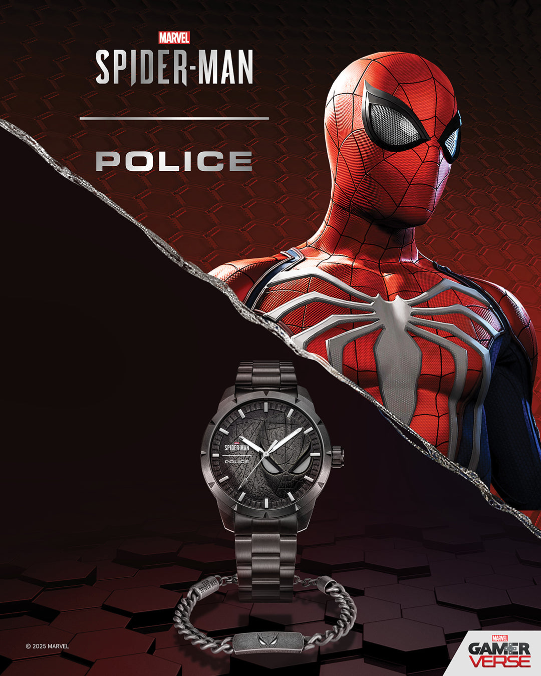 Gunmetal-toned chain bracelet with textured links, a rectangular plaque with embossed Spider-Man mask, and "SPIDER-MAN" text