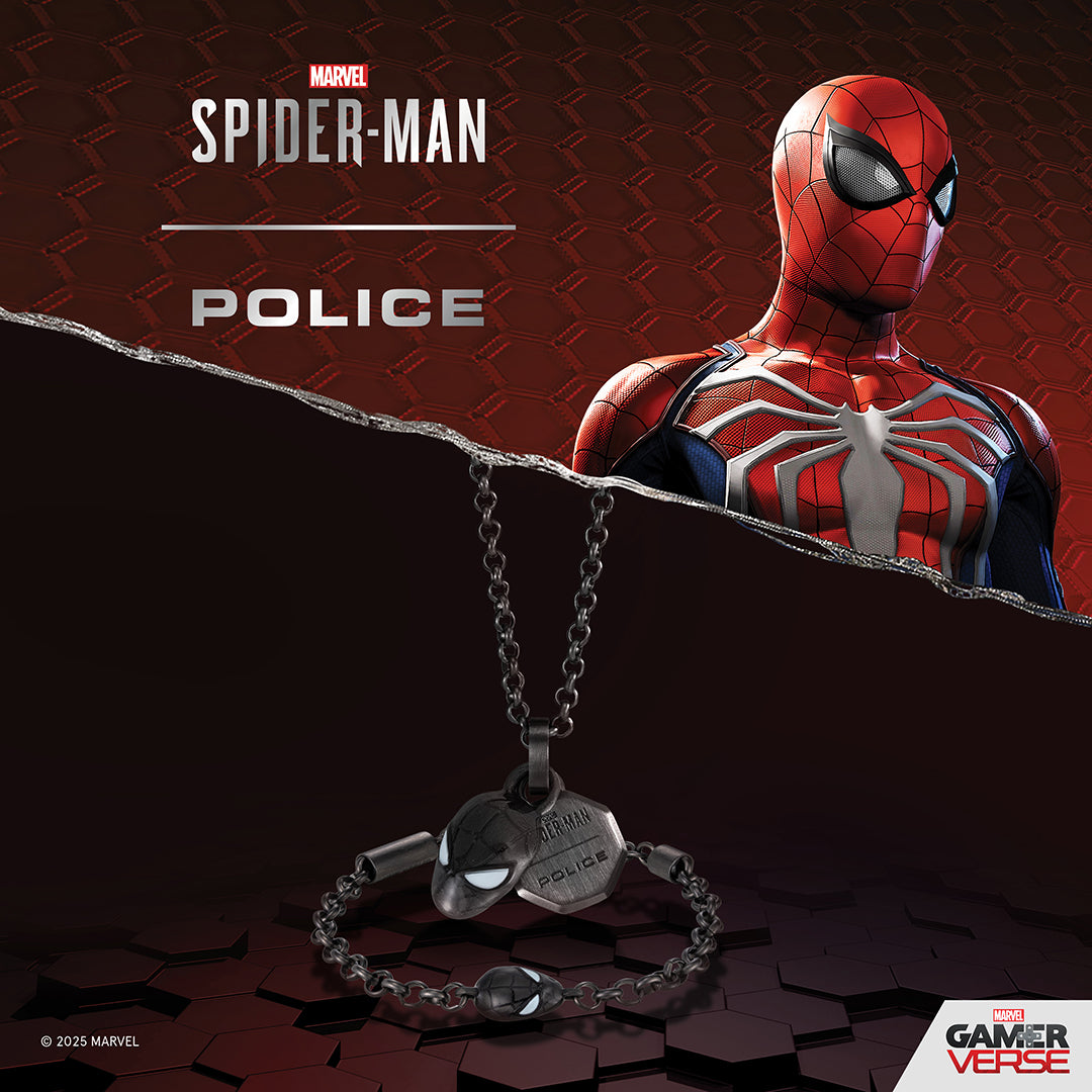 Gunmetal necklace with black Spider-Man mask pendant and 'SPIDER-MAN POLICE' dog tag. Matching bracelet with black Spider-Man
