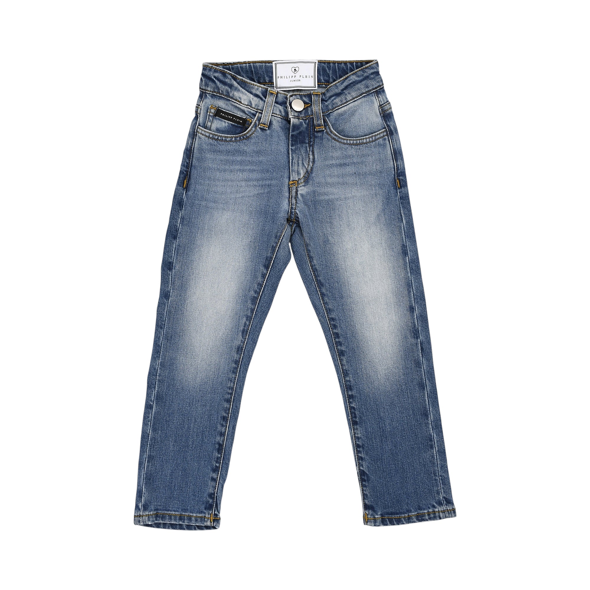 Light blue kids' denim trousers with a faded wash, five-pocket styling, and a front button and zip fly closure.