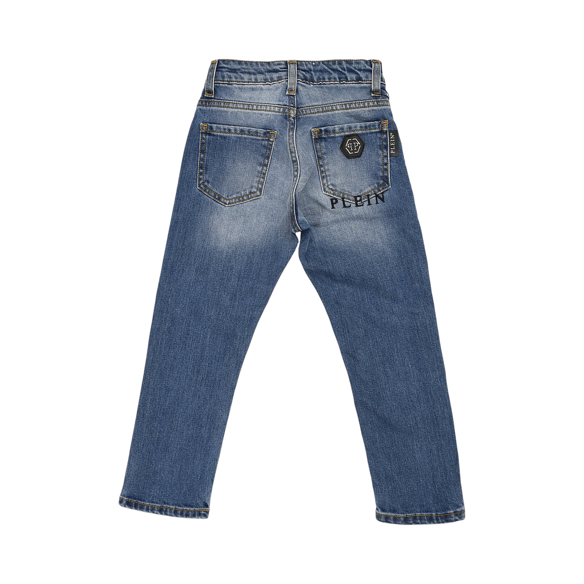Blue faded denim jeans with two back pockets. Right pocket features a black and silver-toned logo patch and 'PLEIN' embroider