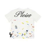 White t-shirt with colorful patterns and 'Plein' branding on a white background