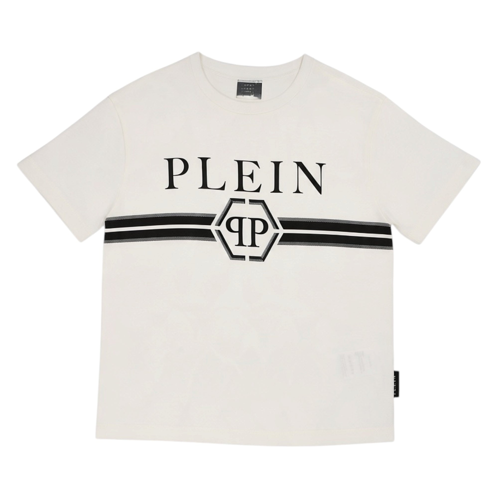 Off-white short-sleeved T-shirt with a black 'PLEIN' text and a horizontal black and grey stripe featuring a hexagonal 'PP' l