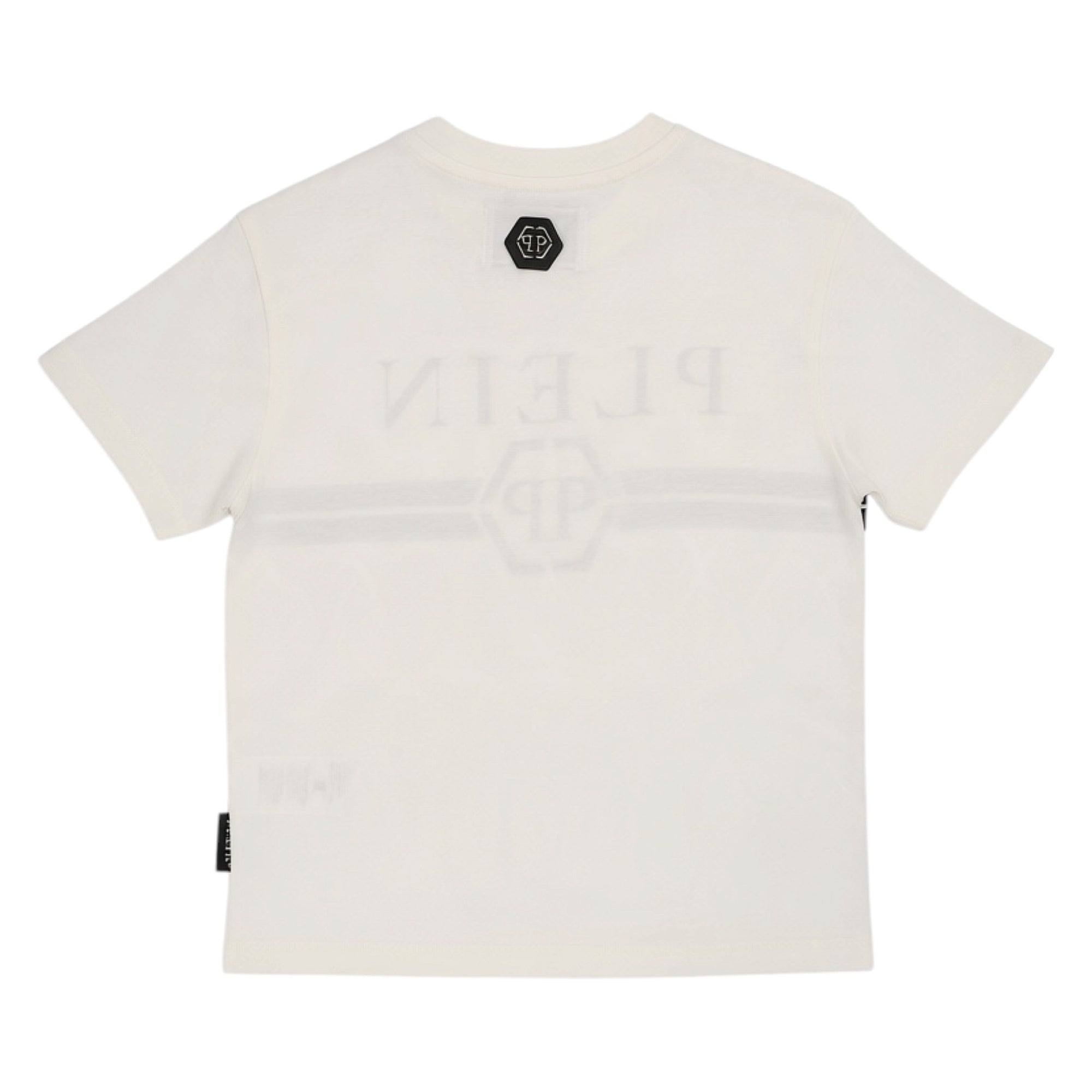 Off-white short-sleeved t-shirt, back view. Black hexagonal "PP" patch at neck. Mirrored "PLEIN" text and horizontal stripe w