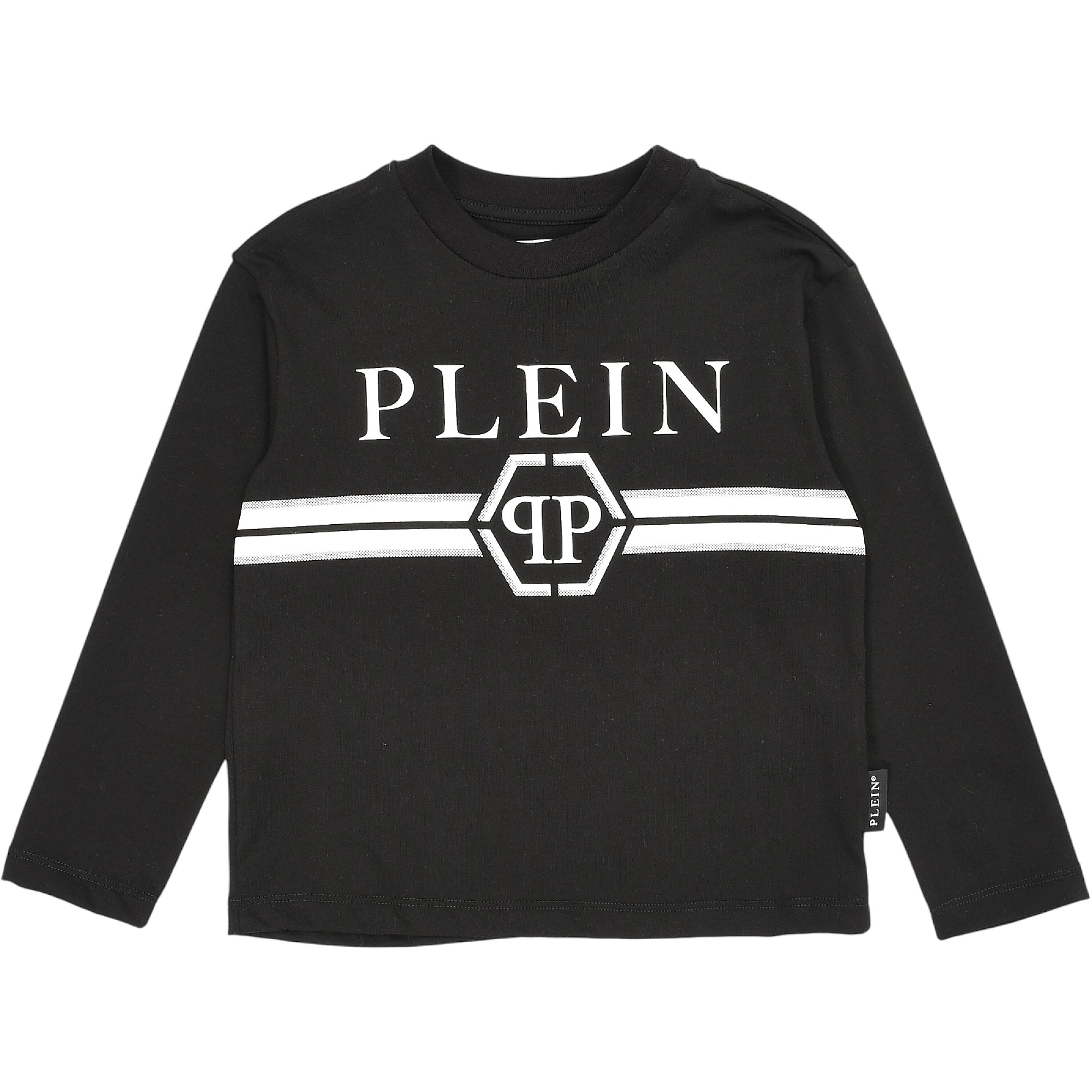 Black long sleeve t-shirt with "PLEIN" text and a hexagonal logo with a stylised "P" on a white and grey stripe.