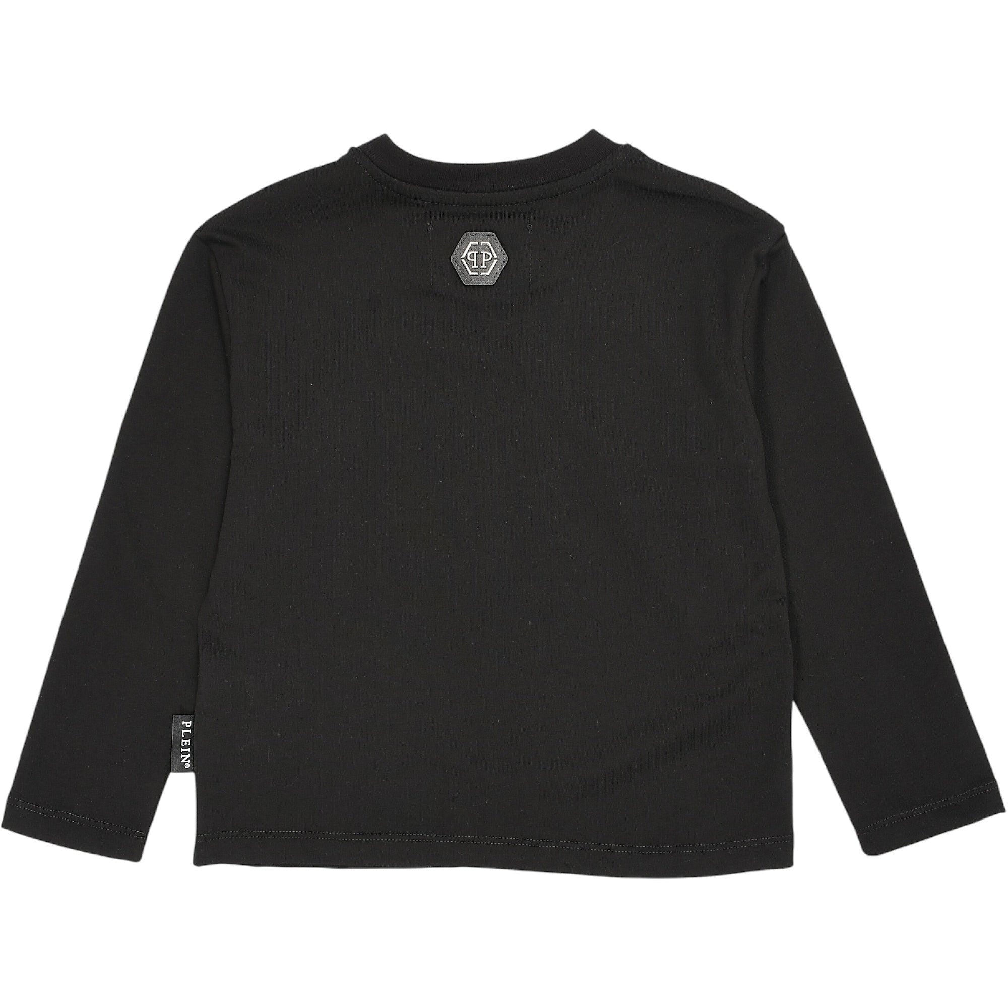 Black long-sleeve t-shirt with crew neck. Dark silver-toned hexagonal PP logo patch on back, 'PLEIN' tag on left cuff.