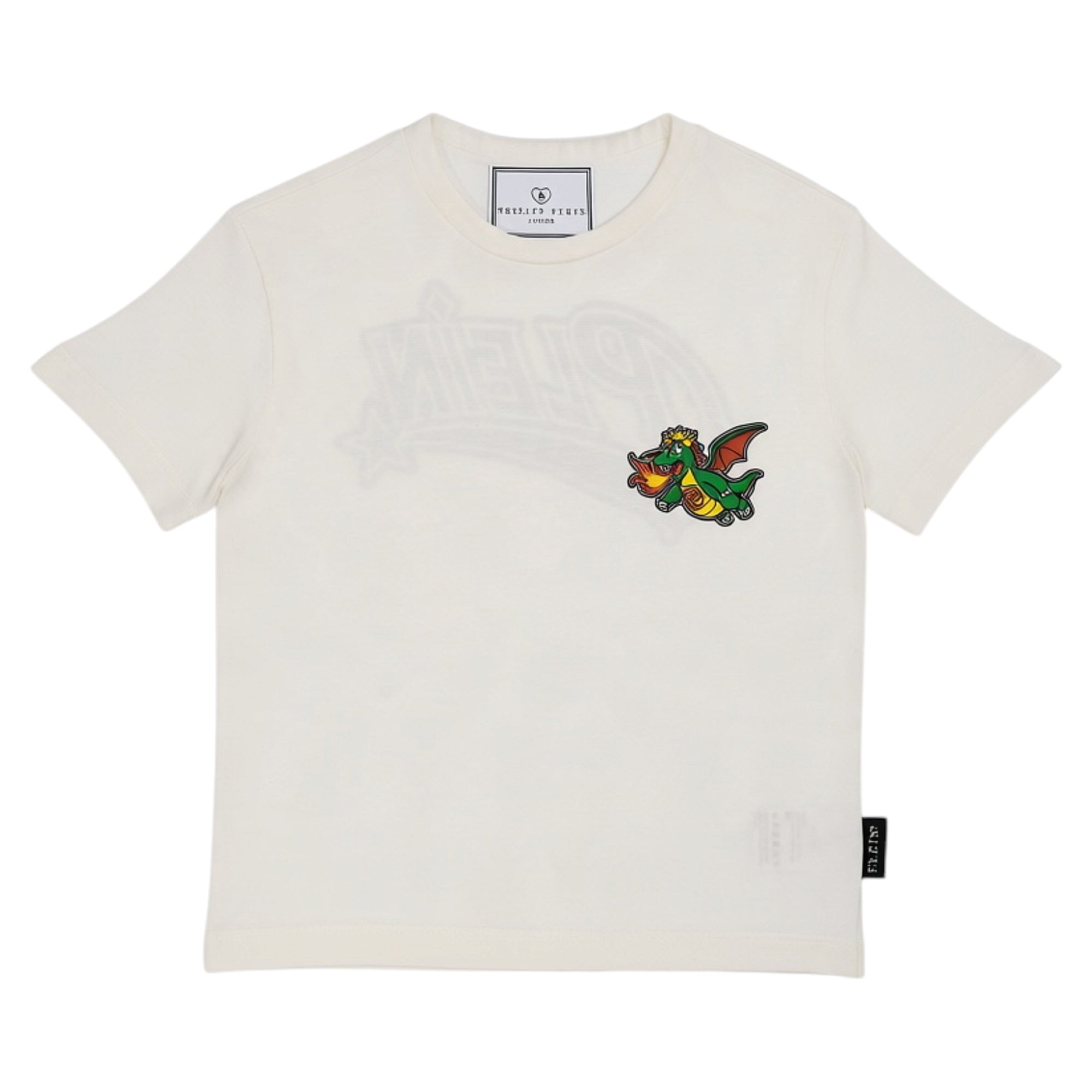 Off-white crew neck T-shirt with short sleeves, featuring a green, red, and yellow dragon appliqué on the chest.
