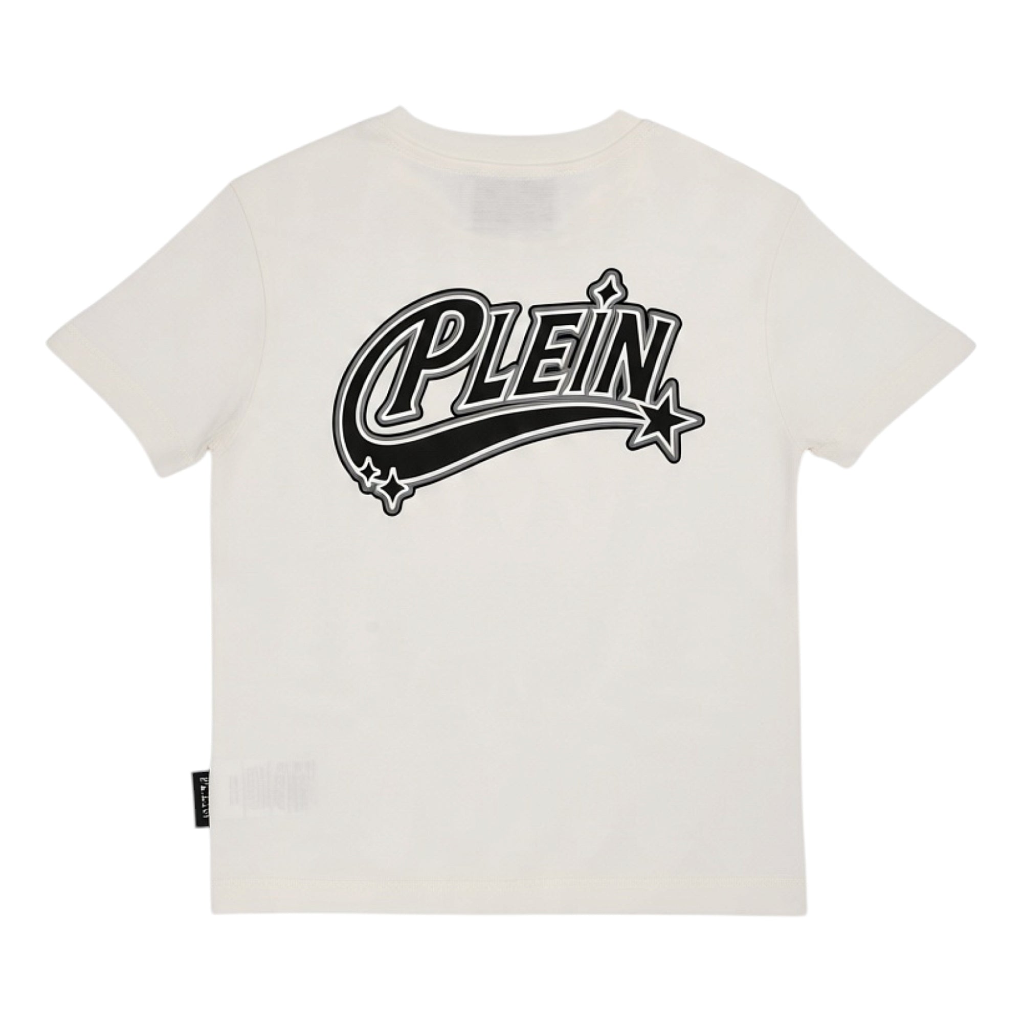 Off-white short-sleeved t-shirt with a black "PLEIN" graphic outlined in white and grey, with stars, on the back.