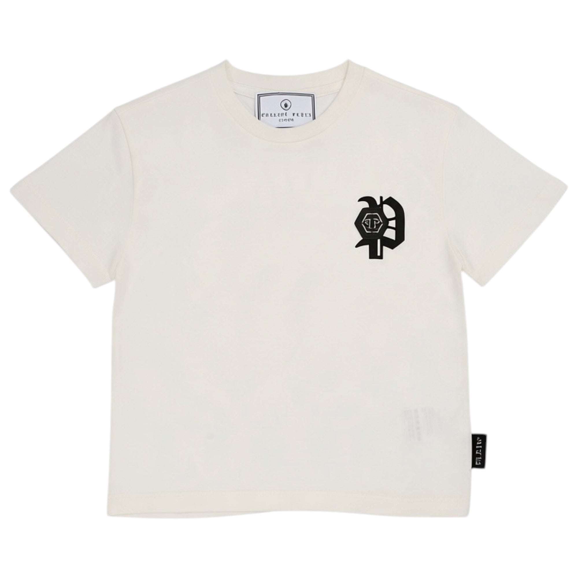 Off-white short-sleeved T-shirt with a black embroidered gothic 'P' logo and skull motif on the left chest.