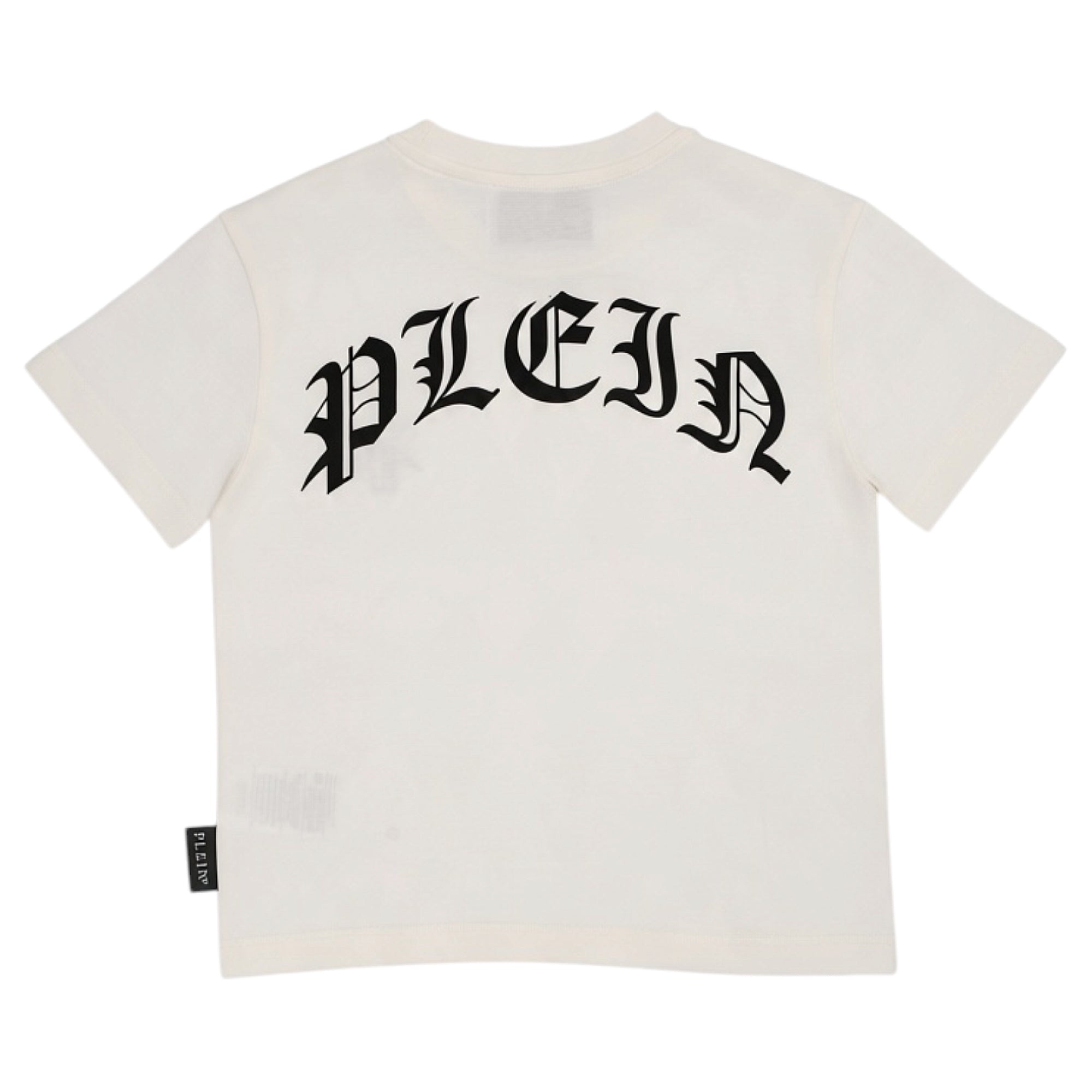 Off-white short-sleeve crew neck t-shirt with 'PLEIN' in arched black gothic font on the back and a small 'PLEIN' tag on the