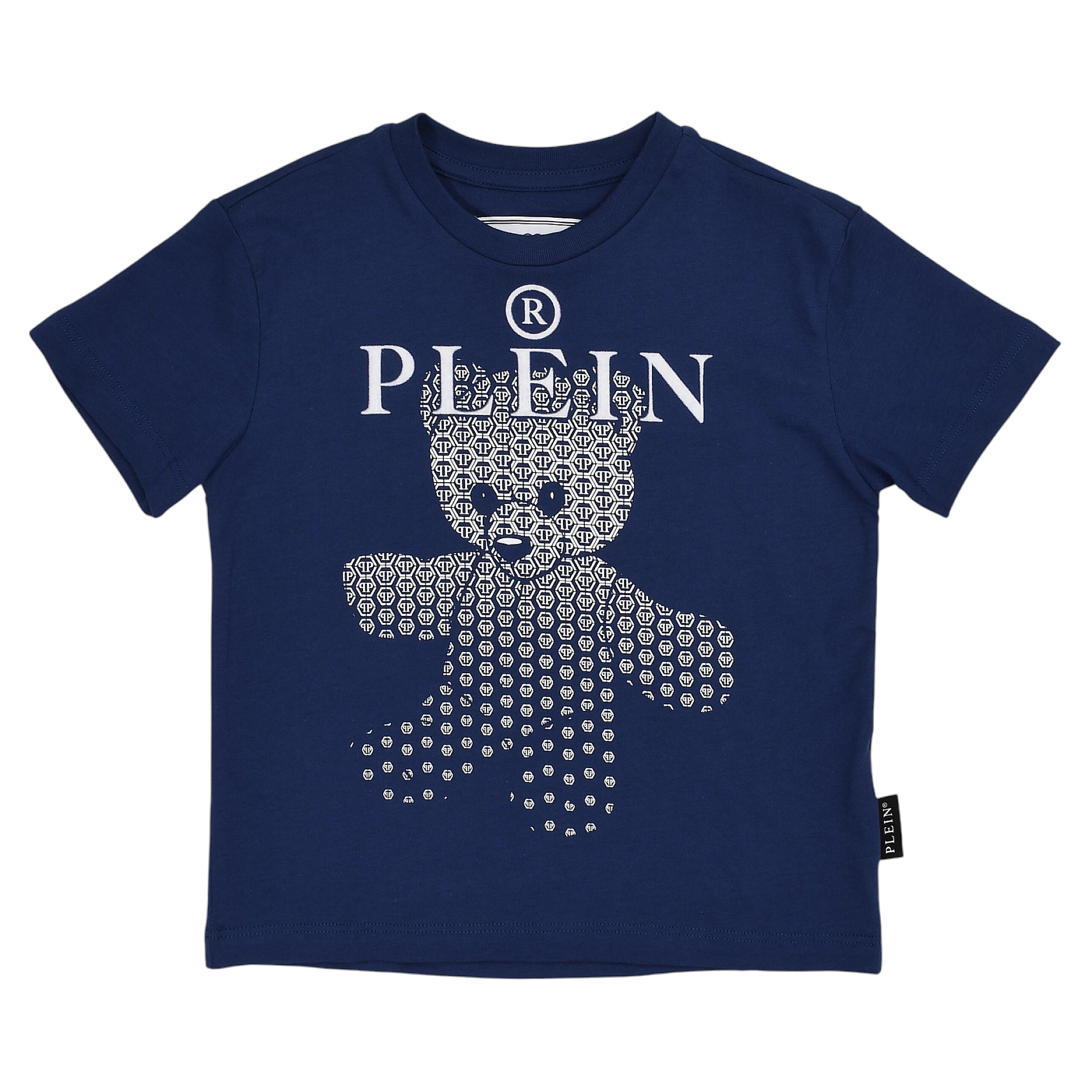 Navy blue short-sleeved T-shirt for boys with a white 'PLEIN' text and a teddy bear graphic made of skull motifs.