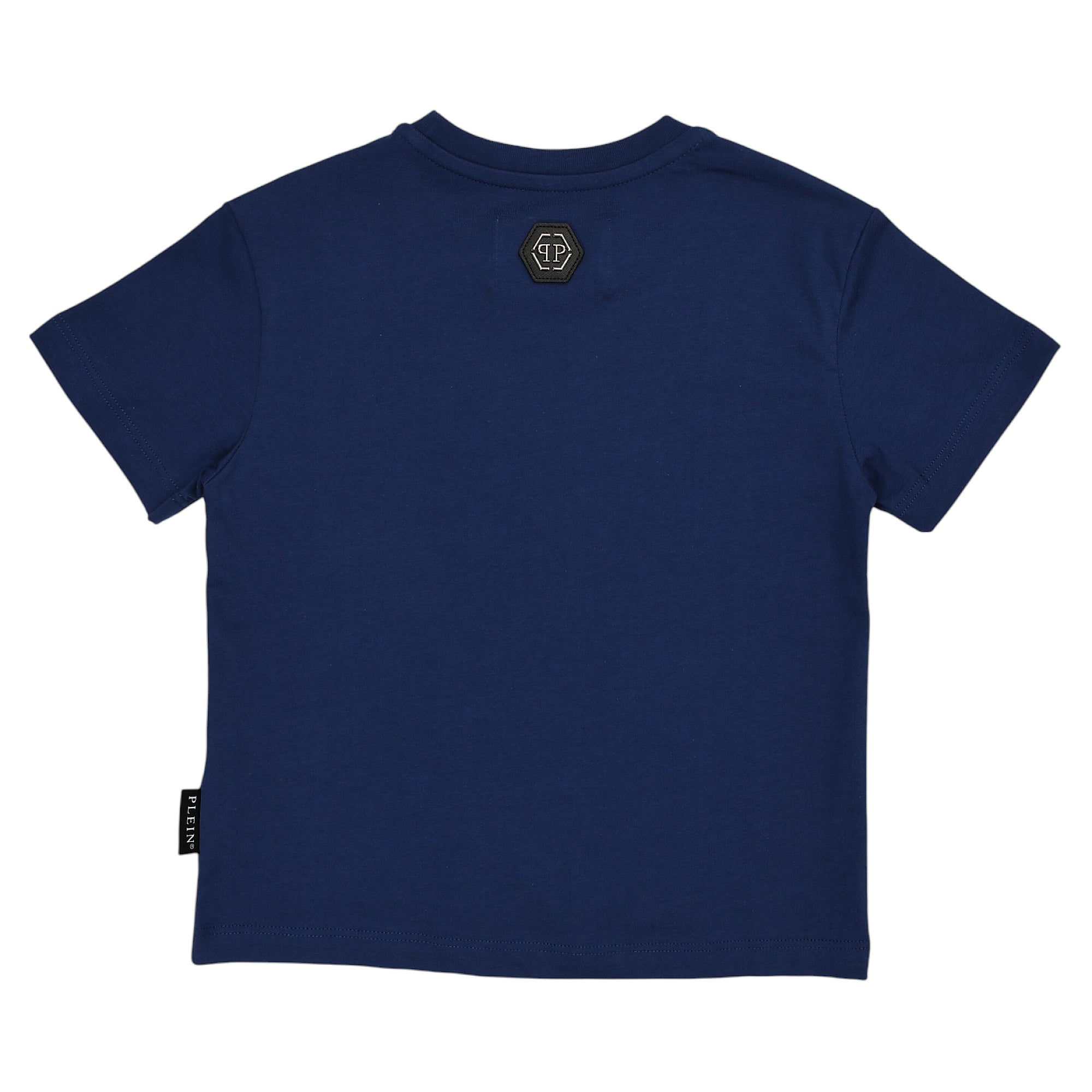 Navy blue short-sleeved t-shirt with a crew neck. Black hexagonal patch with gold-toned PP logo on the back.