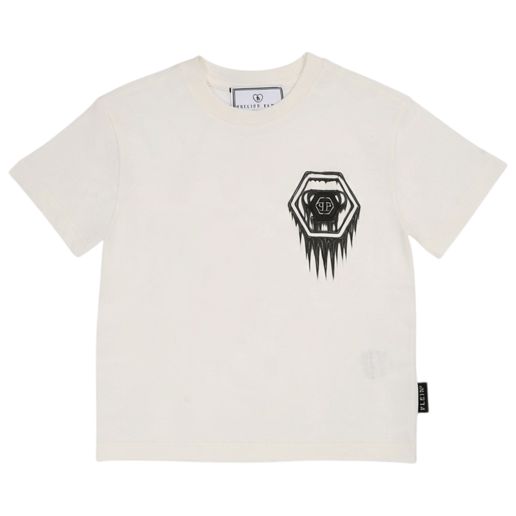 Off-white short-sleeved T-shirt with a black hexagonal skull logo and dripping graphic on the left chest.