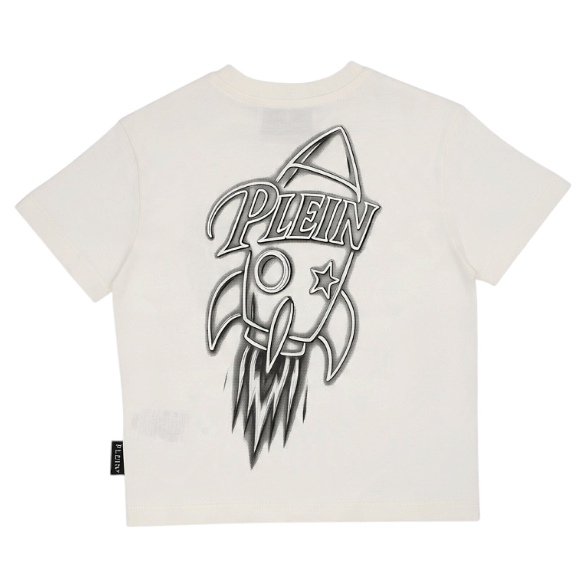 Off-white short-sleeved t-shirt with a black and white outlined rocket graphic on the back. 'PLEIN' text on rocket.