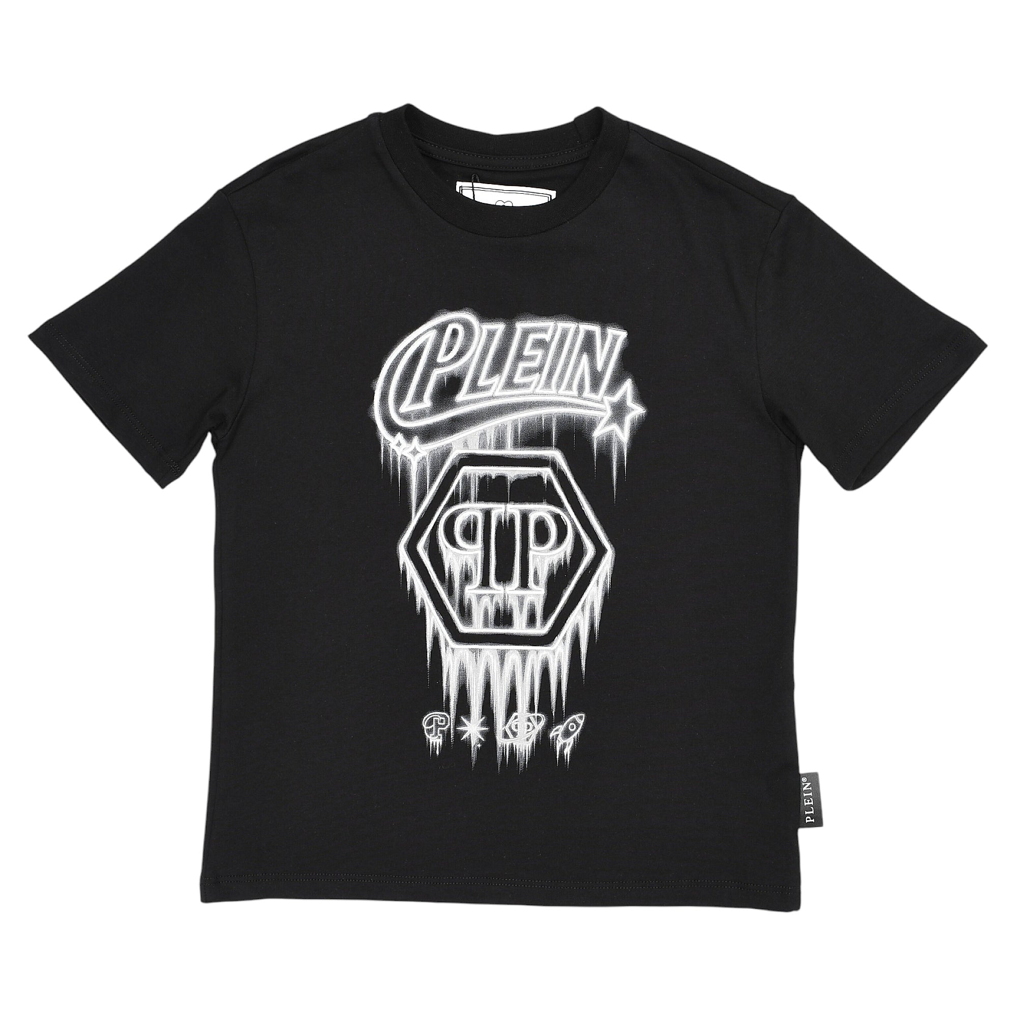 Black short-sleeved crew neck T-shirt with a white and grey 'PLEIN' graphic and hexagonal logo with drip effect.