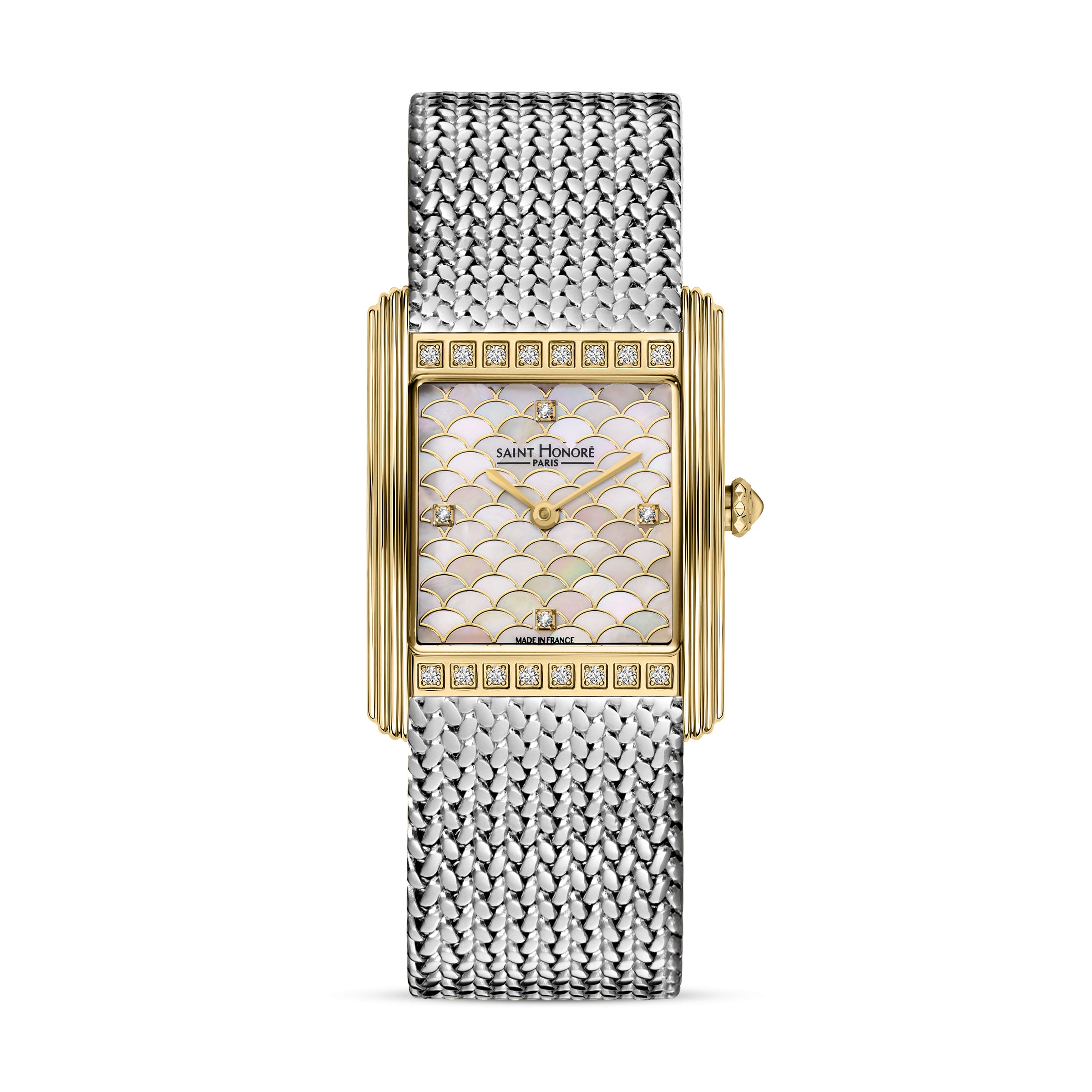 Gold-toned rectangular watch with a white mother-of-pearl dial and a silver-toned mesh bracelet.