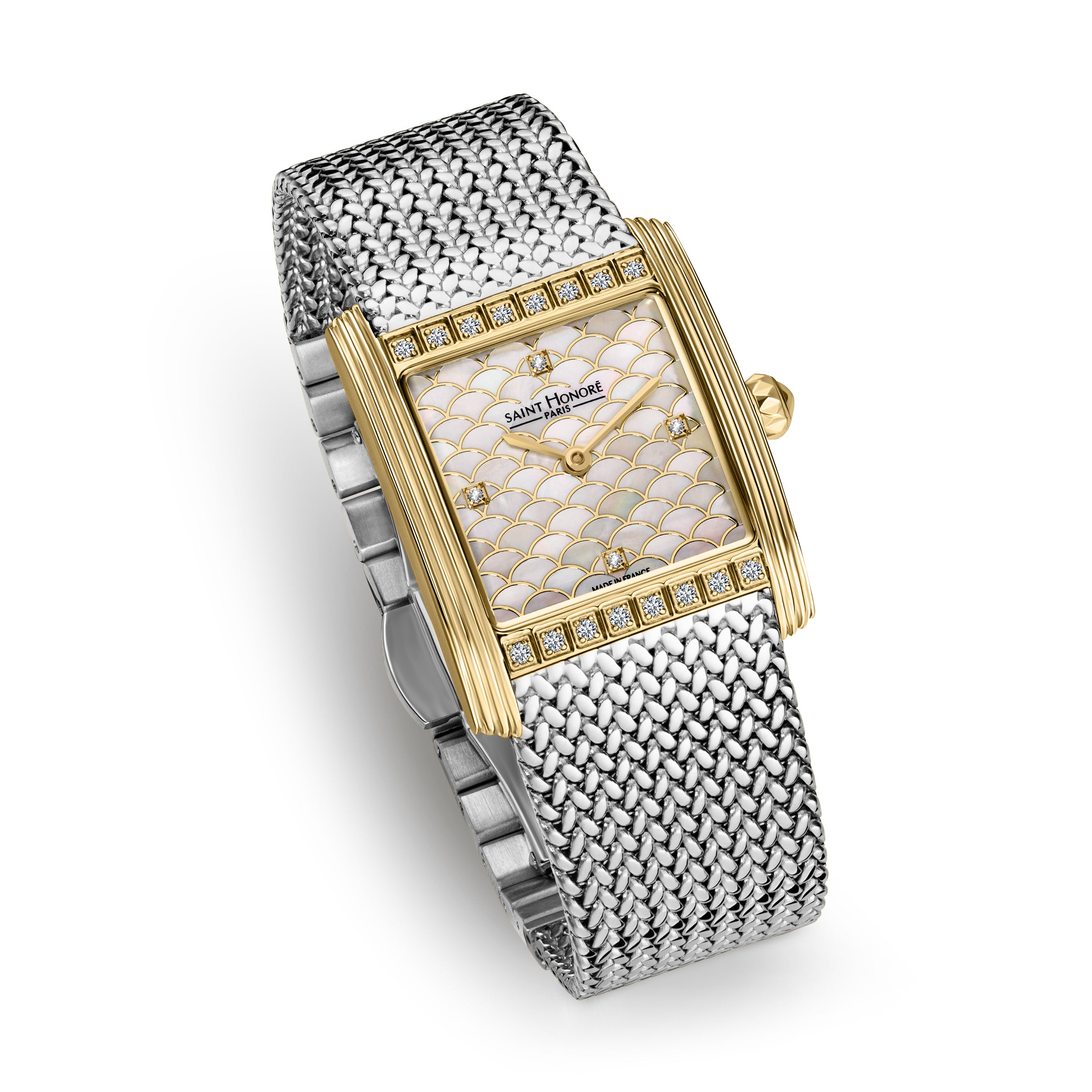 Rectangular watch with a gold-toned case, white mother-of-pearl scale-patterned dial, and clear stones. Features a silver-ton