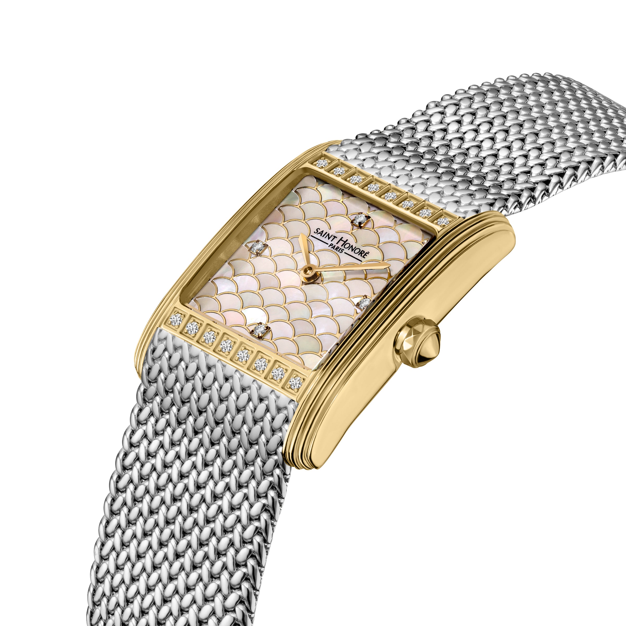 Rectangular watch with gold-toned case, mother-of-pearl scale dial, gold-toned hands, clear stone markers, and silver-toned m