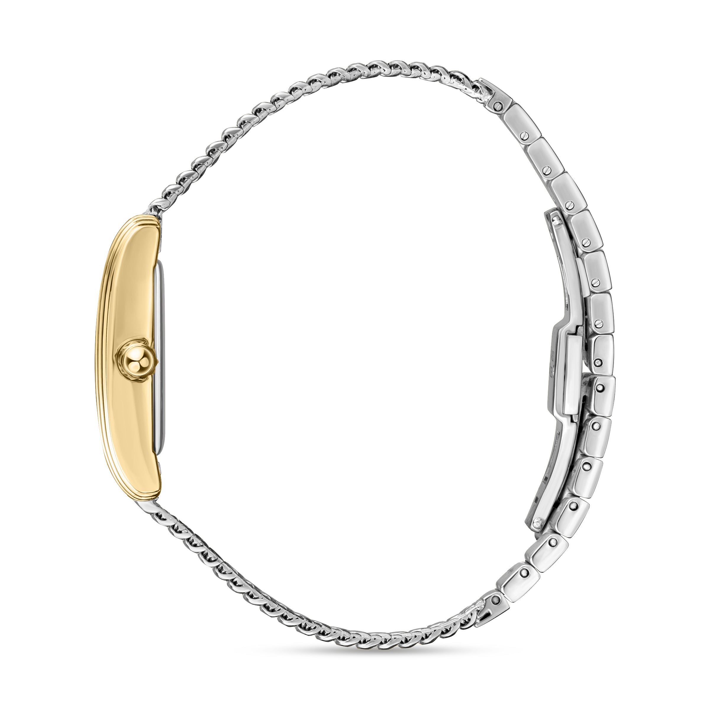 Gold-toned rectangular watch with a silver-toned mesh bracelet on one side and a silver-toned link bracelet with a clasp on t