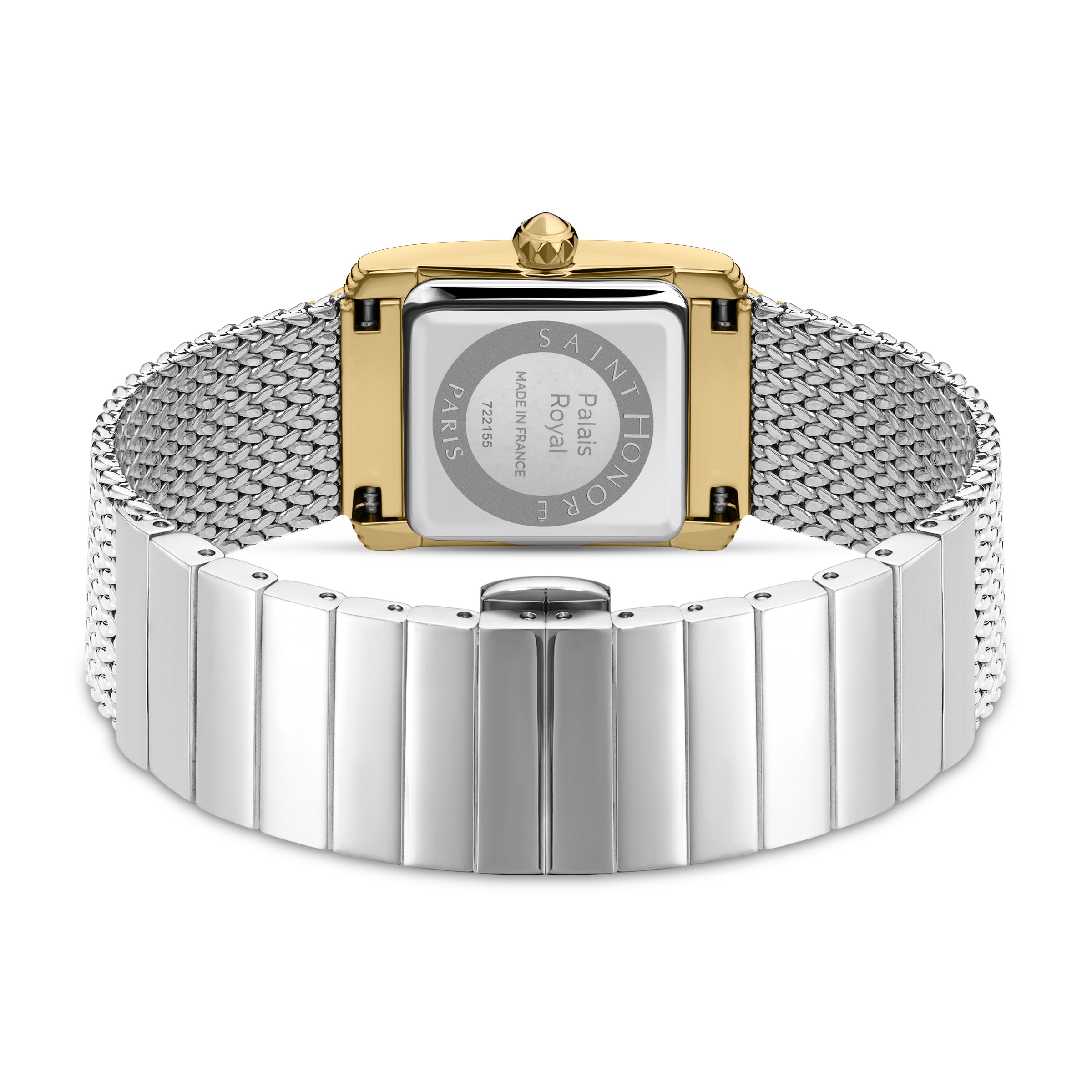 Gold-toned rectangular watch case with a silver-toned mesh band transitioning to a silver-toned metal link bracelet with a cl