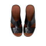 Overhead symmetrical view of the Prestige sandals highlighting the unique cut-out strap design.