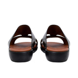 Back view of the sandals showing the heel cushioning and the "Prestige" branding embossed on the black outsole.