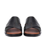 Front-facing view of a pair of black leather PRESTIGE sandals showing the wide criss-cross straps and open-toe design.