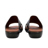 Rear view of Prestige sandals showing the contoured heel cup and the height of the ergonomic black sole.