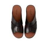 Overhead bird's-eye view of the PRESTIGE slide sandals showcasing the symmetrical criss-cross strap pattern.