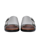 A front-facing view of a pair of grey blue leather PRESTIGE sandals, highlighting the open-toe design, smooth leather finish, and the silver buckles on the outer straps.
