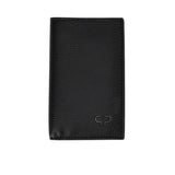 Close-up of the front of the PRESTIGE black pebbled leather vertical card holder showing the embossed logo.