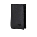 Three-quarter view of the slim PRESTIGE leather wallet highlighting the textured grain and side profile.