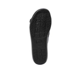 Bottom view of the black textured outsole of a PRESTIGE sandal showing the "P" logo grip pattern.