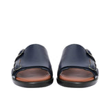 A front-facing view of a pair of navy blue leather PRESTIGE sandals, highlighting the open-toe design, smooth leather finish, and the silver buckles on the outer straps.