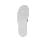 Bottom of the sandal showing the black rubberized outsole with a repeating "P" logo tread pattern for slip resistance.