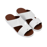 Top-down angled view of the sandals showcasing the smooth leather texture and "Made in Italy" gold-leaf stamping on the insole.