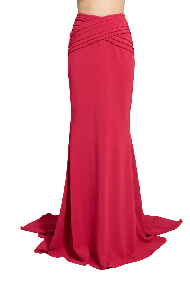Persian red floor-length skirt with a fitted silhouette, gentle flare, and a ruched criss-cross waistband.