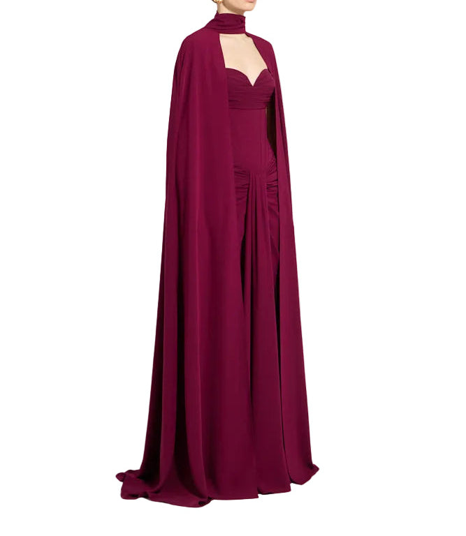 Purple Potion floor-length dress with sweetheart neckline, ruched bodice, and a matching high-neck, open-front cape.