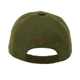Front view of a PRESTIGE olive green linen baseball cap showing the structured crown and curved brim against a white background.