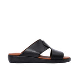 Pair of black Prestige leather sandals facing forward, highlighting the open-toe design and wide leather straps.