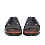 Rear view of Prestige sandals showing the contoured heel cup and the height of the ergonomic black sole.