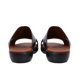Rear view of Prestige sandals showing the contoured heel cup and the height of the ergonomic black sole.