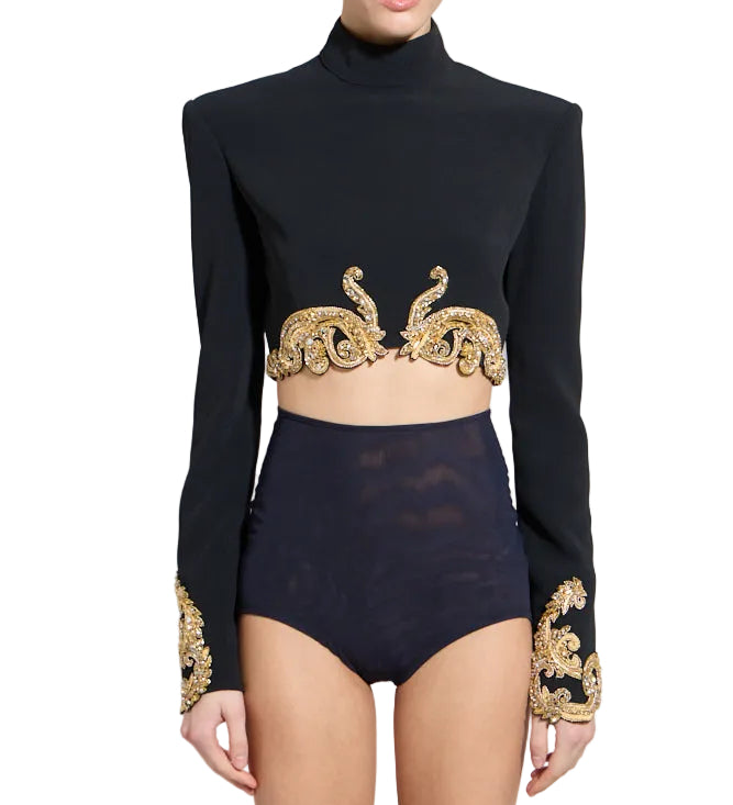 Black high-neck long-sleeve crop top with gold-toned crystal embroidery on hem and cuffs. Dark navy sheer high-waisted brief-