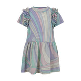 Kids' short-sleeved dress with a pastel multicolour abstract pattern and ruffled sleeves, featuring a shimmering finish.