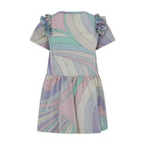 Multicolor pastel glittery dress with abstract wavy pattern, short sleeves with ruffles, and a gathered tiered skirt.