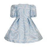 Light blue dress with silver-toned swirling abstract pattern. Short puffed sleeves, fitted bodice, full pleated skirt. Back z