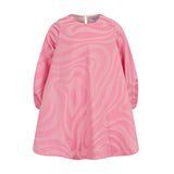 Pink A-line dress for kids with long sleeves and a lighter pink tonal swirl pattern, featuring a round neck.