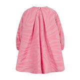 Two-tone pink dress with a swirling pattern. Features long sleeves, a round neck, and a keyhole button closure with pleats at