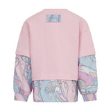 Pink crewneck top with layered-look sleeves and hem in an abstract pink, blue, purple swirl pattern. Blue logo patch on back.