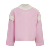 Pink knit sweatshirt with cream ribbed high neck and cream ribbed shoulder panels, featuring an embroidered logo on the back.