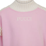 Pink sweatshirt with cream ribbed mock neck and shoulder panels. "PUCCI" embroidered in cream on the chest.